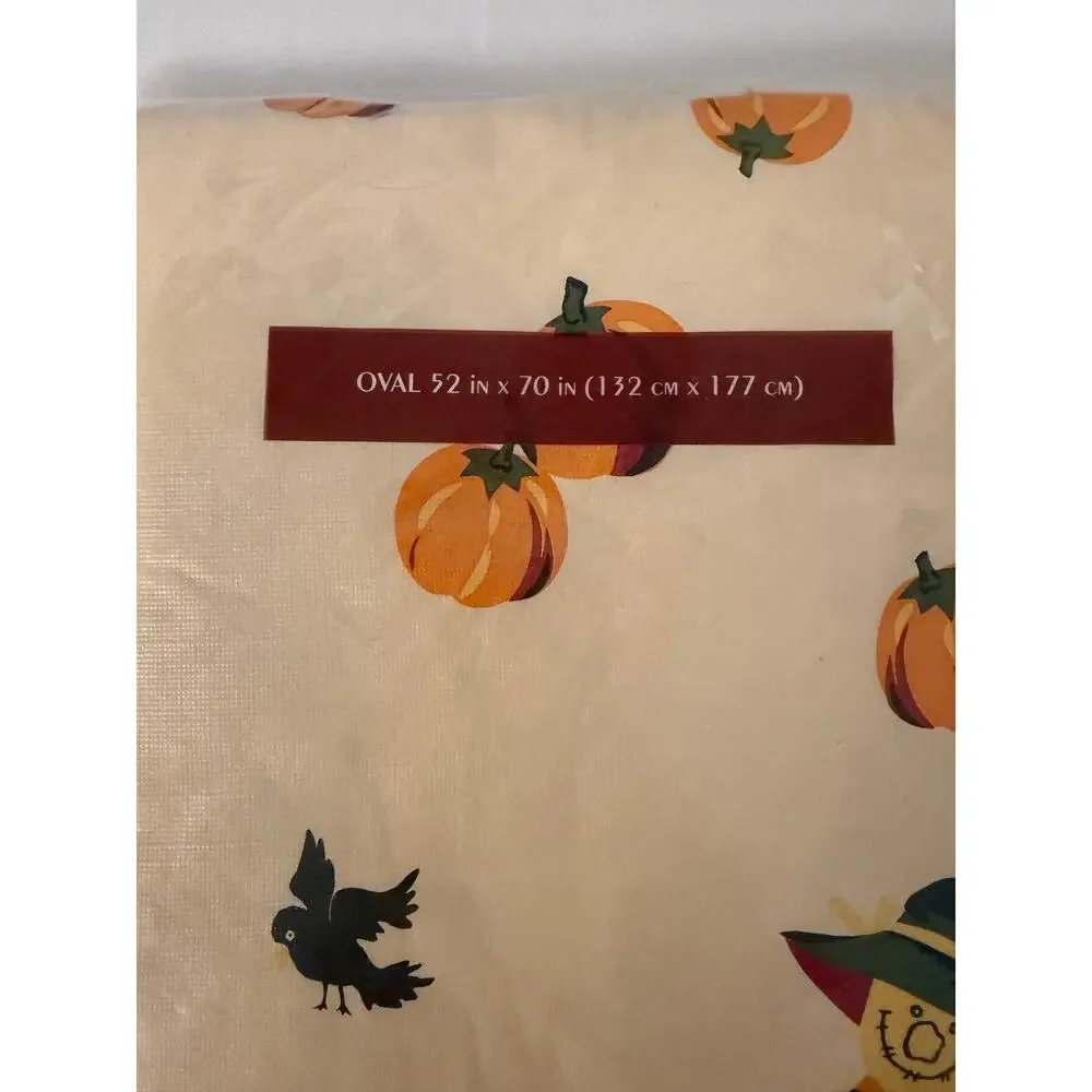 Kmart Autumn Fest Scarecrow Pumpkin Vinyl Tablecloth 52x70 Oval NIP